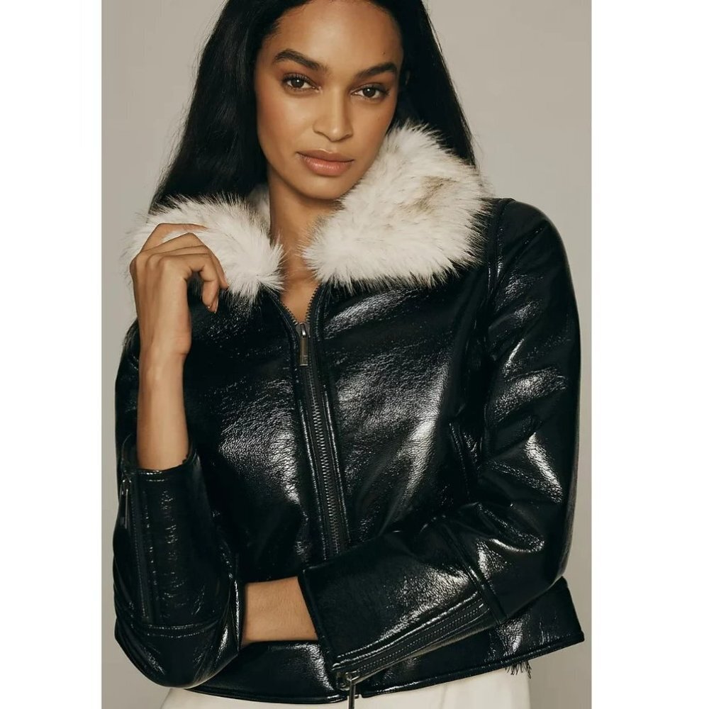 New Unreal Fur Womens Black Vegan Leather Wet Look Aviator Luxury Jacket Z74